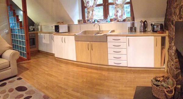 kitchen dining area and wood burning stove